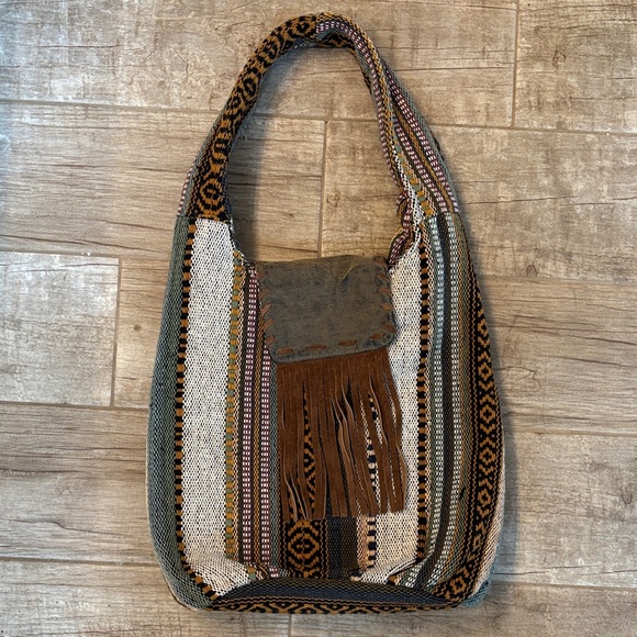 Handbags - Bohemian Style Hobo Bag, Woven Pattern,Fringe Details And Slouchy Shoulder Strap